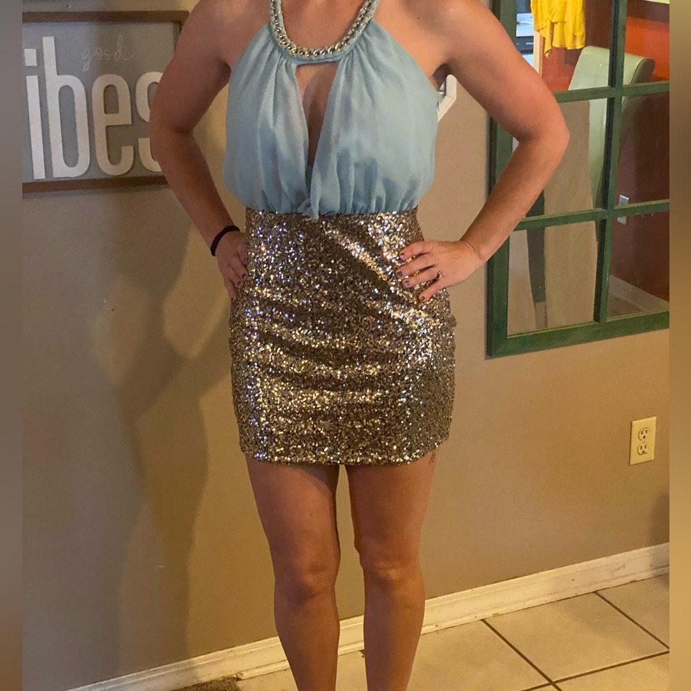 XTAREN gold Sequence & blue mini dress, excellent condition, size M